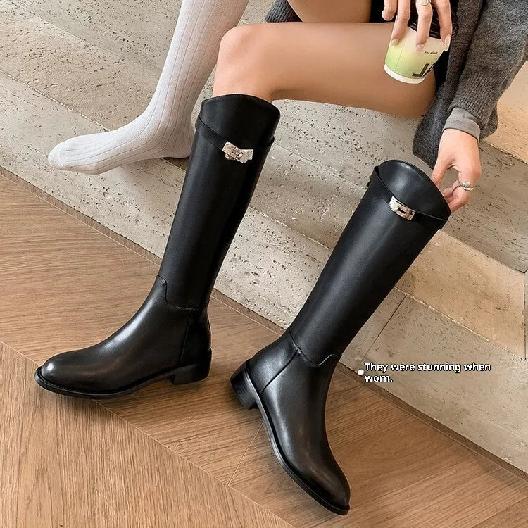 First layer cowhide below the knee boots with low heel and back zipper in black