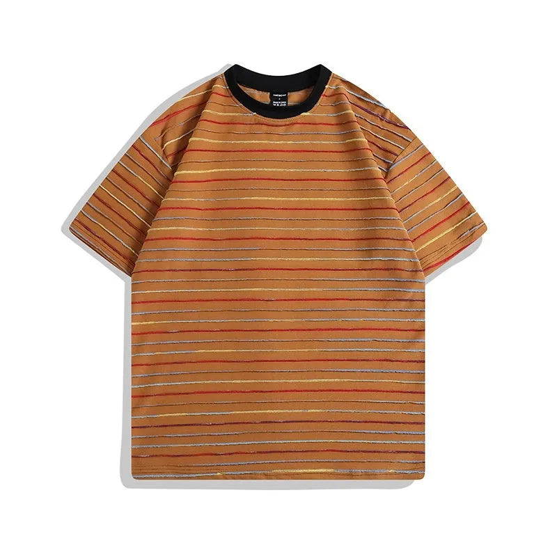 Colour striped loose fit half sleeve t-shirt on a hanger, showing apricot, black, yellow, grey, and pink colour options.
