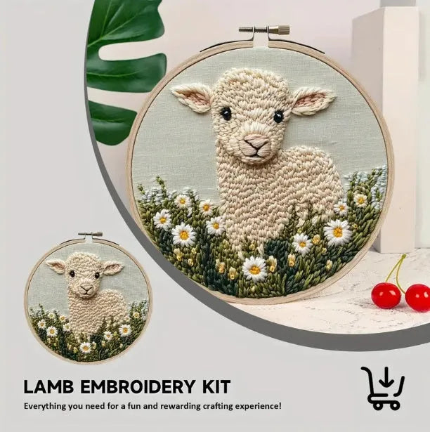 Cute cartoon embroidery pin punch kit with sheep style cloth material and hand-woven craft
