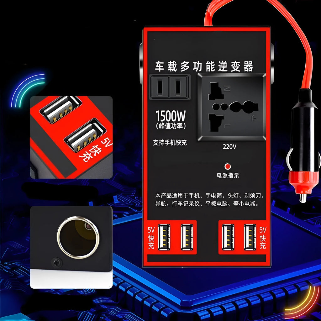 Black automotive power converter transforming 12V/24V vehicle power to 220V AC with 4 USB charging ports