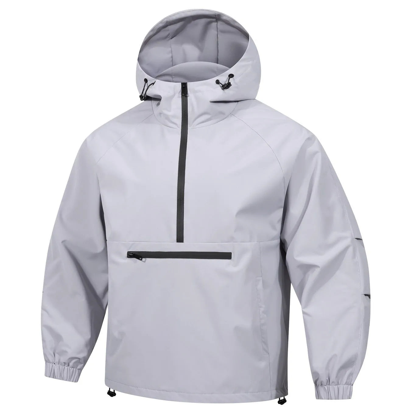 Man wearing a light grey loose-fit corduroy half-zip hooded jacket in Korean style.