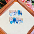 Blue hand-painted carved summer ice transparent plastic fake nails in sizes XS, S, M, L