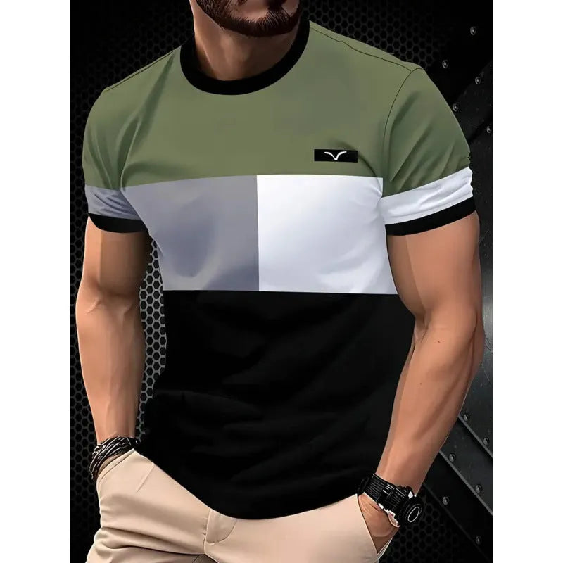 Men's loose fit striped T-shirt with 3D digital printing in polyester fabric