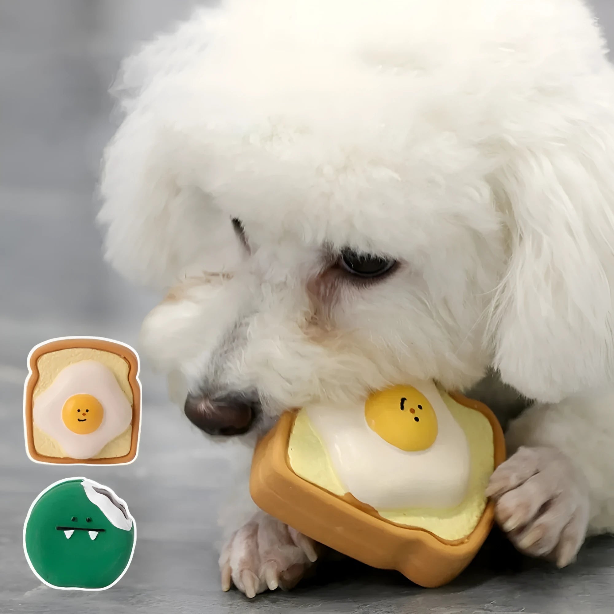 Yellow and green cartoon bread egg shaped latex squeaky toy for dogs on a white background.