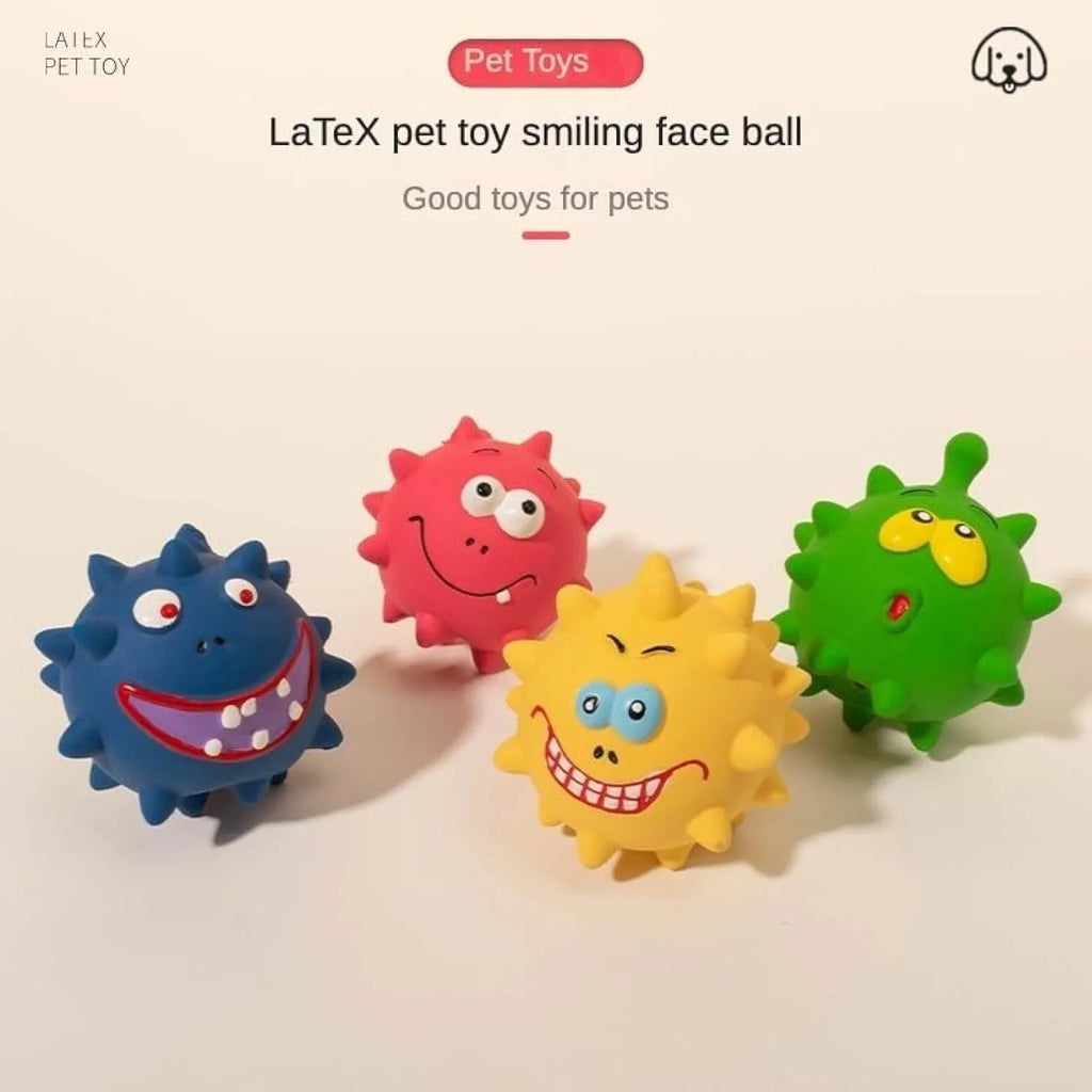 Set of four colourful squeaky dog balls with cute animal faces on a white background.