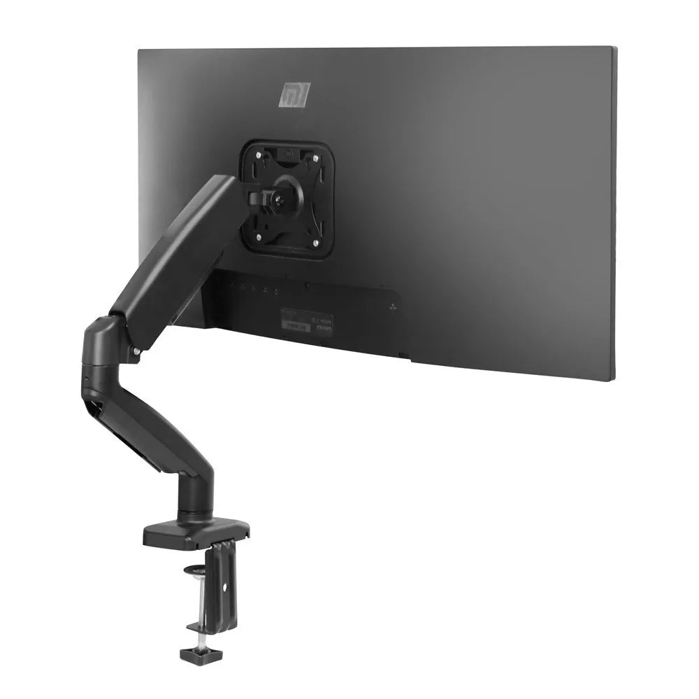 Black rotating telescopic LCD screen bracket mounted on desk edge showing adjustable arm and elevated rack design
