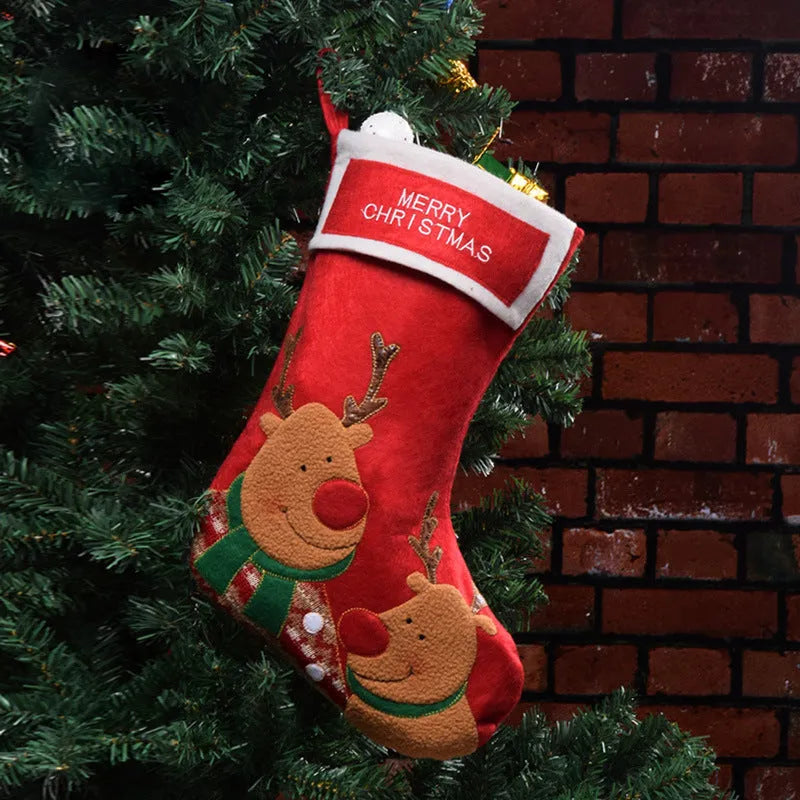 Non-woven fabric Christmas stocking decorations in Elk, Old Man, and Snowman designs.