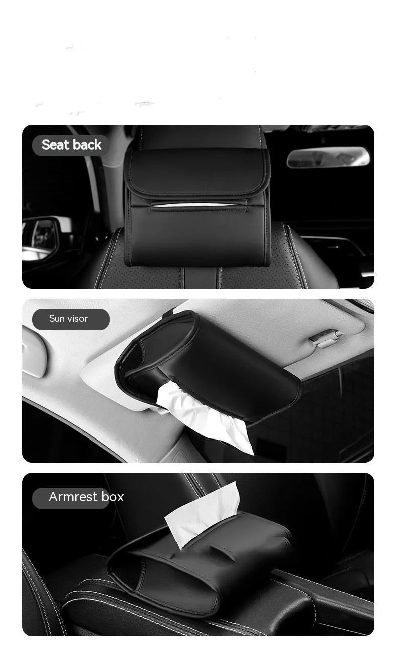 Leather car tissue box with elastic band for sun visor, armrest, or chair back mounting