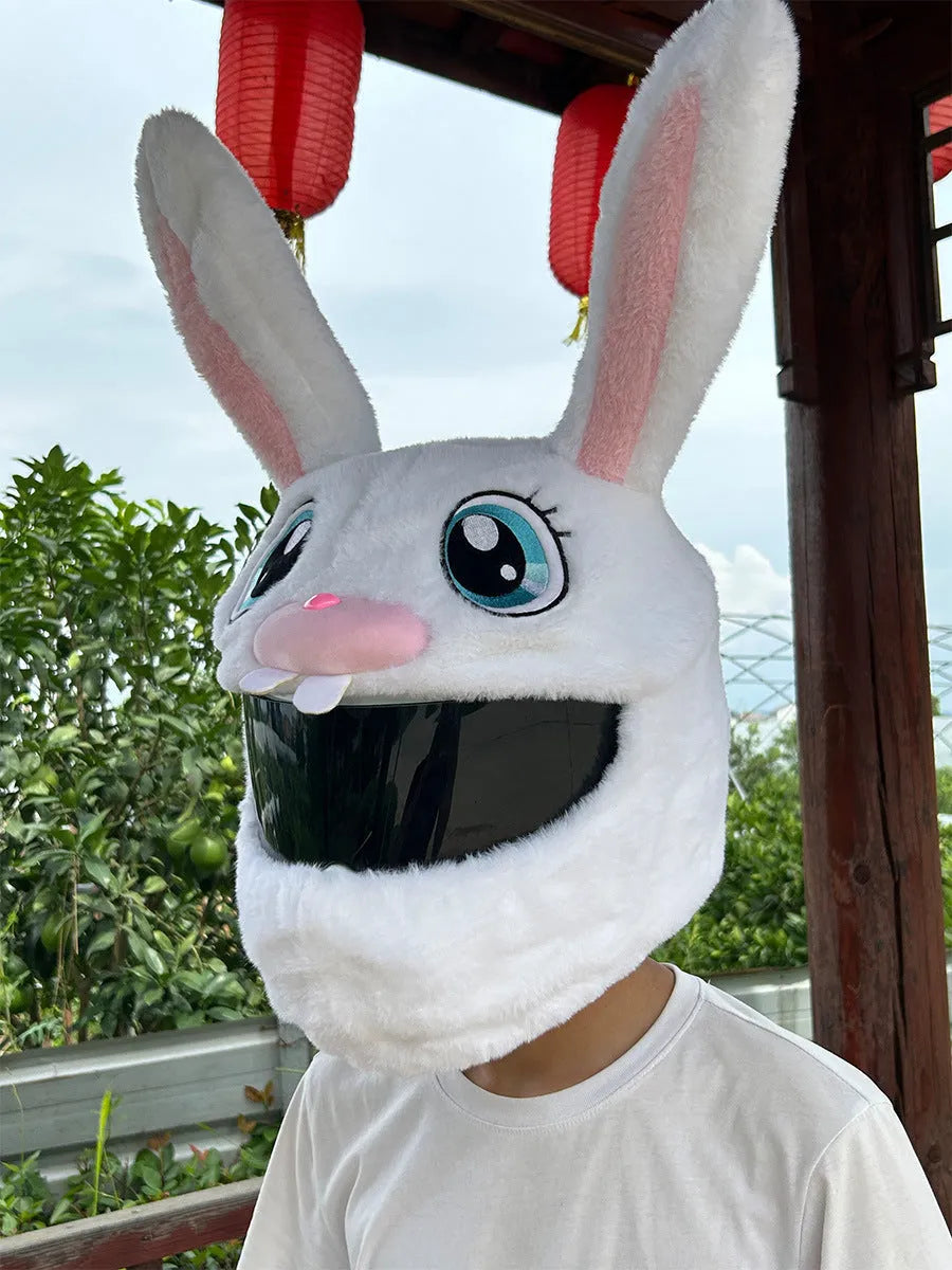 White decorative rabbit head helmet cover for electric motorcycles with warm plush PP cotton construction