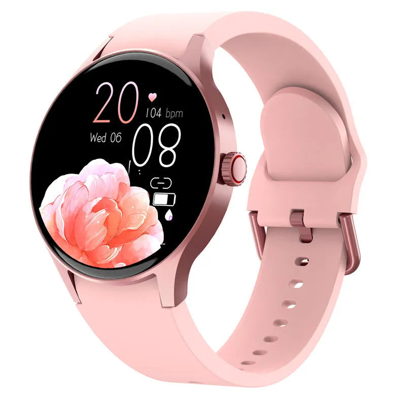 Black smartwatch with round 1.43 inch screen on a wrist, showing a fitness stats display.