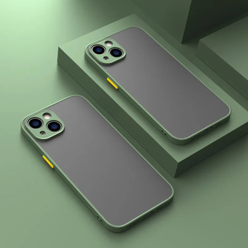 Black frosted hard iPhone case with fine hole skin-sensing design on a table.