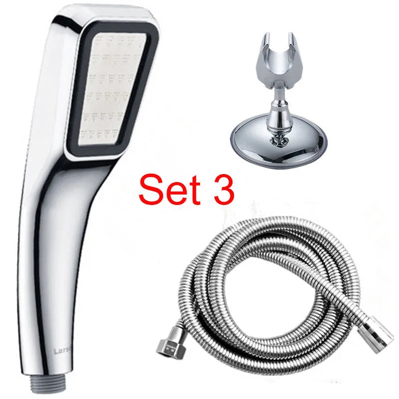 Orange hand-held pressurised shower set with rain function shower head and multiple components