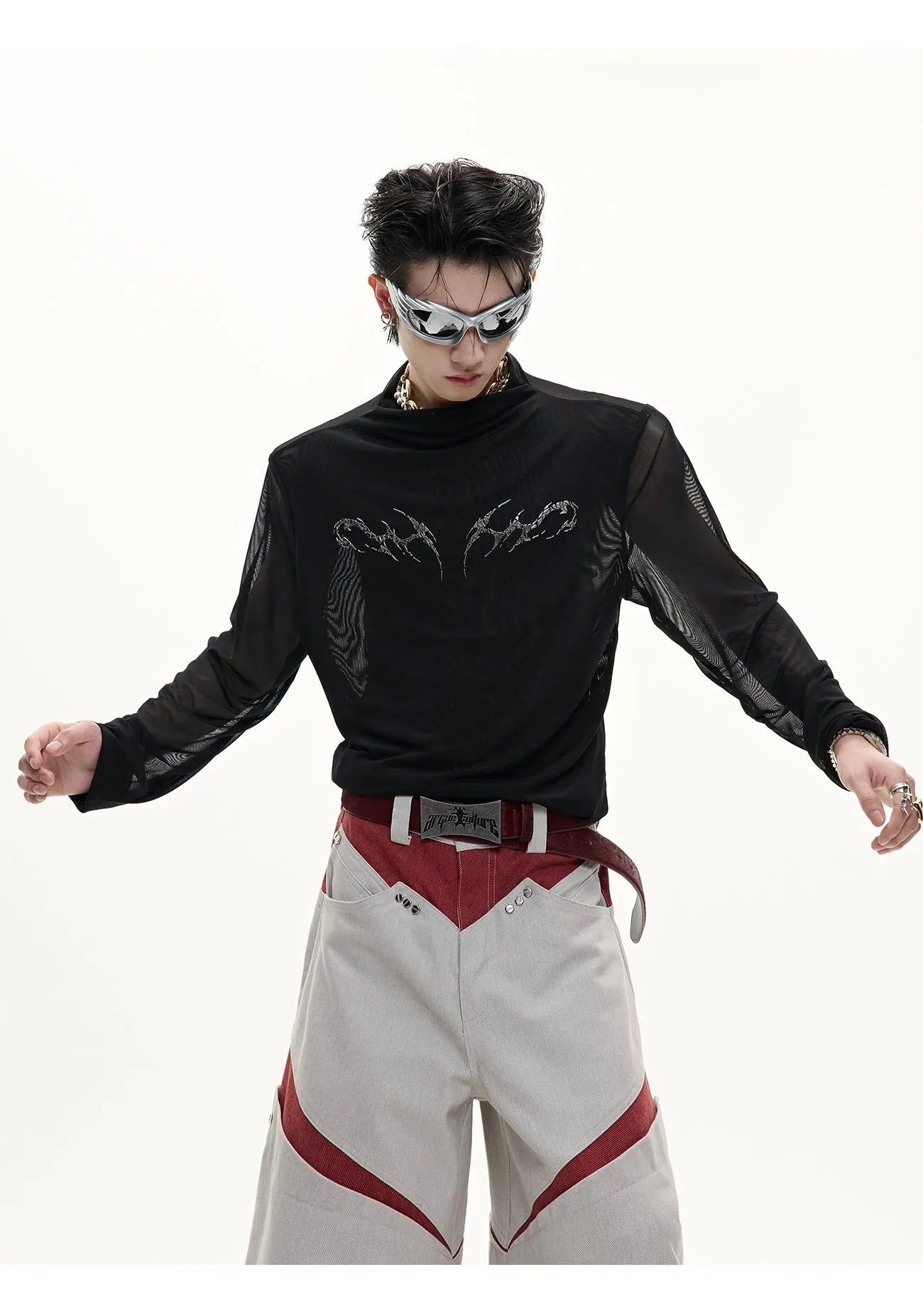 Black and white long sleeve mesh slim fit shirt for layering