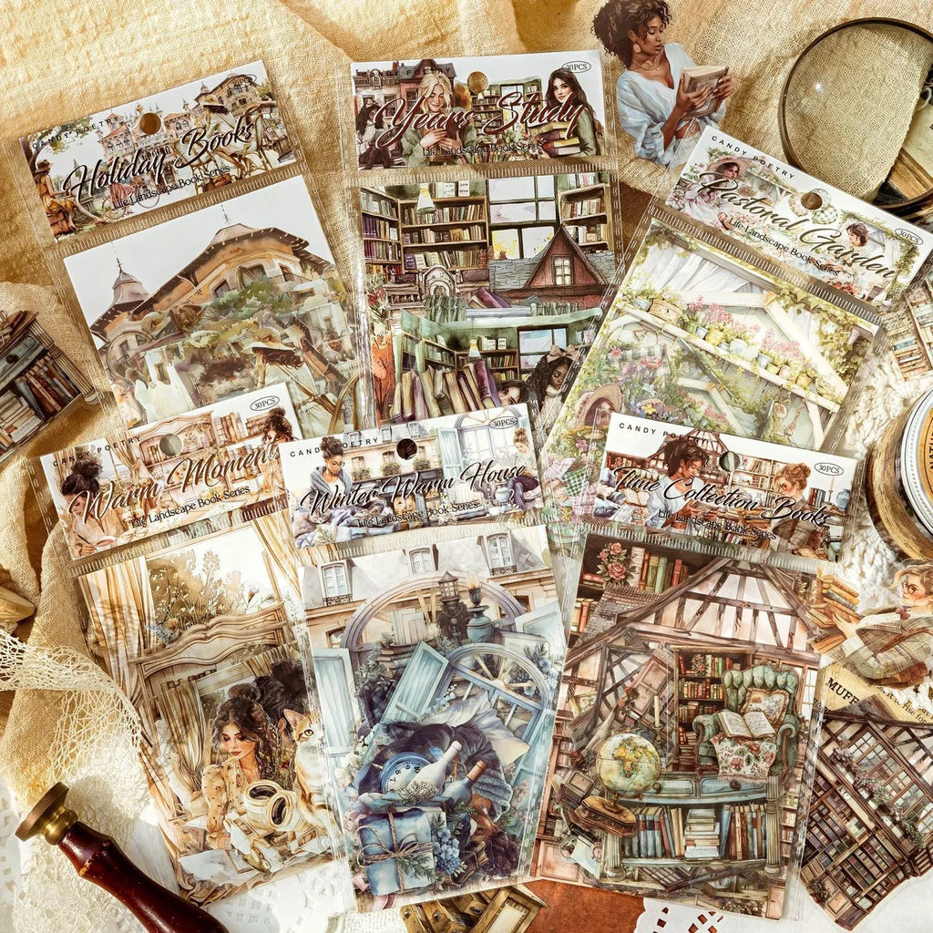 Retro PET journal stickers from the Life Landscape Series, six retro theme options, one sticker sheet per pack