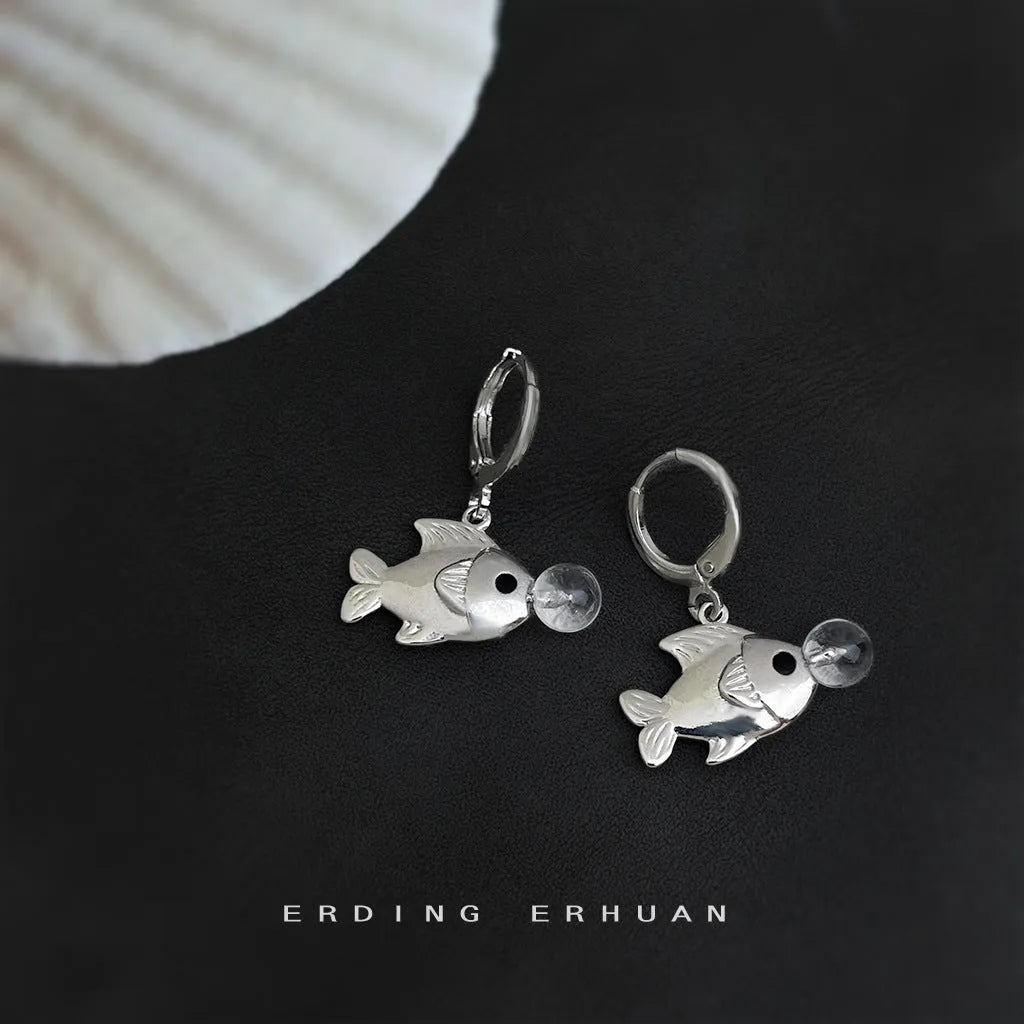 Bubble Fish original design earrings with goldfish animal modelling in electroplated copper construction