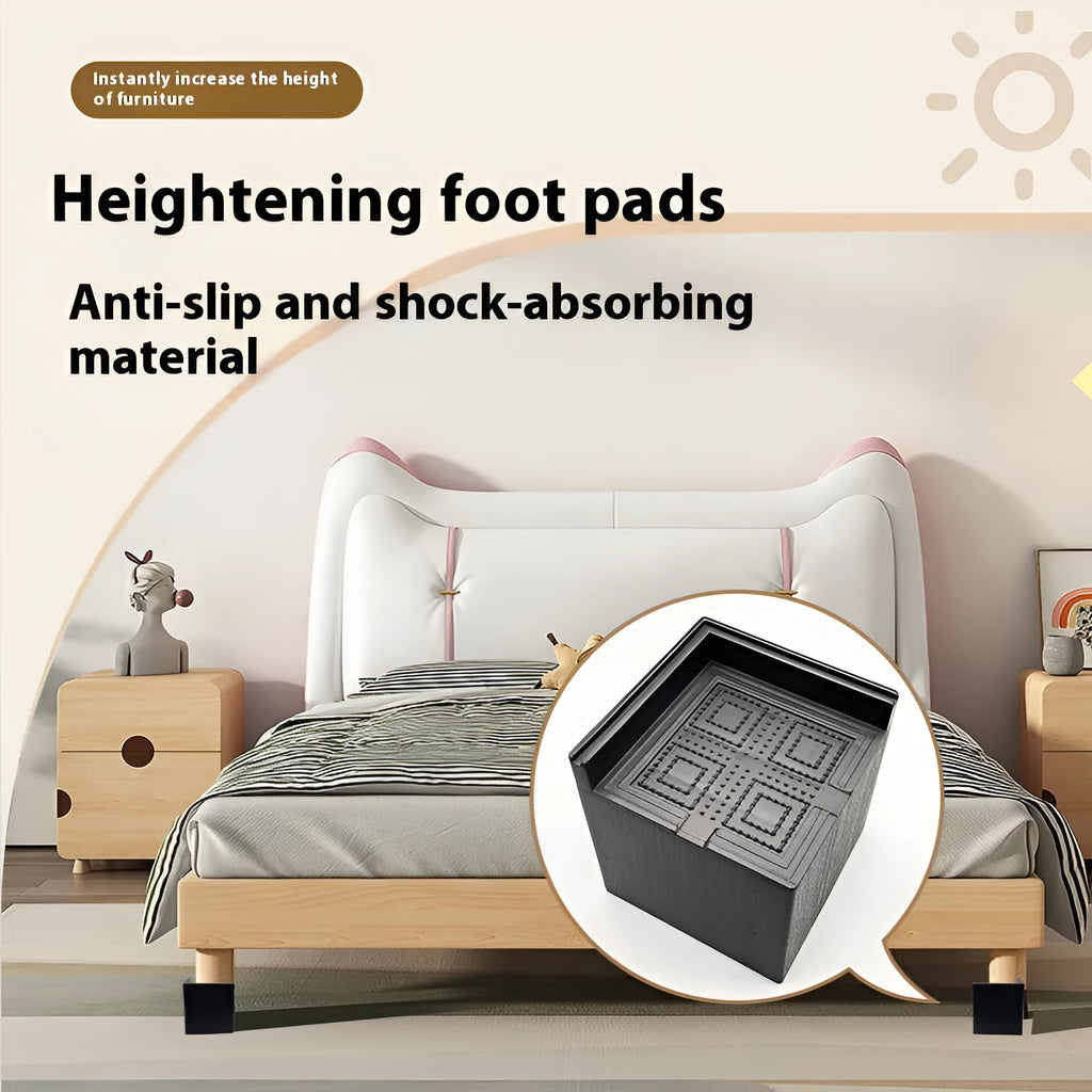 Four black plastic furniture foot mats for bed and sofa height adjustment