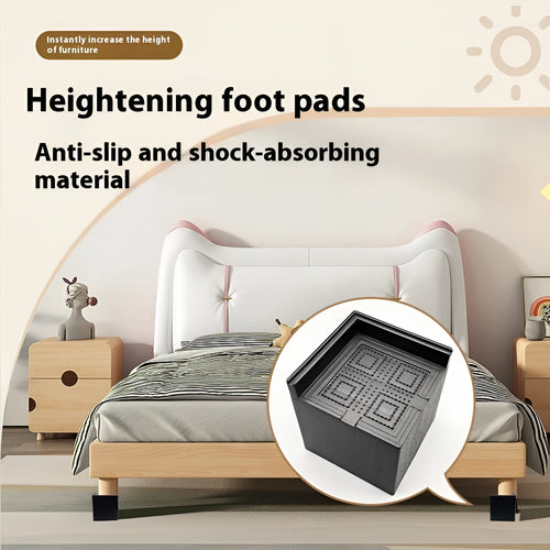 Four black plastic bed foot riser mats for furniture height increasing