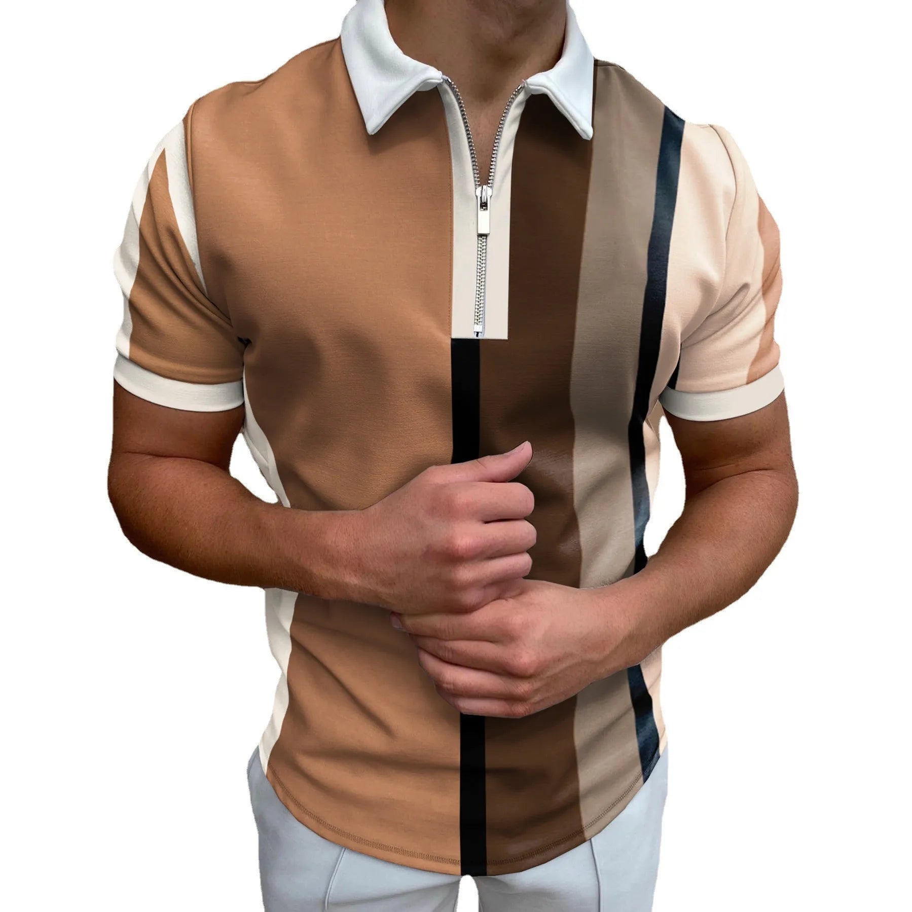 POLO lapel casual short khaki striped t-shirt for men fitted short sleeve polyester top