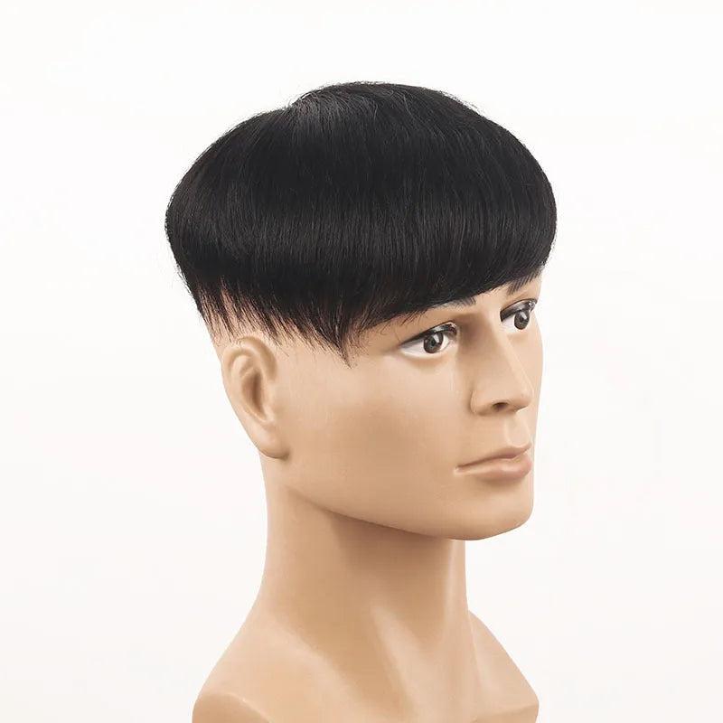 Men's short human hair wig, natural black, 16x18 construction, hot dyeable, with net options