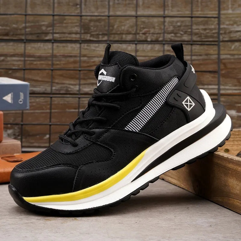 Low-top safety work shoes with a steel toe cap and lace-up front, shown in black, brown, and grey colour options.