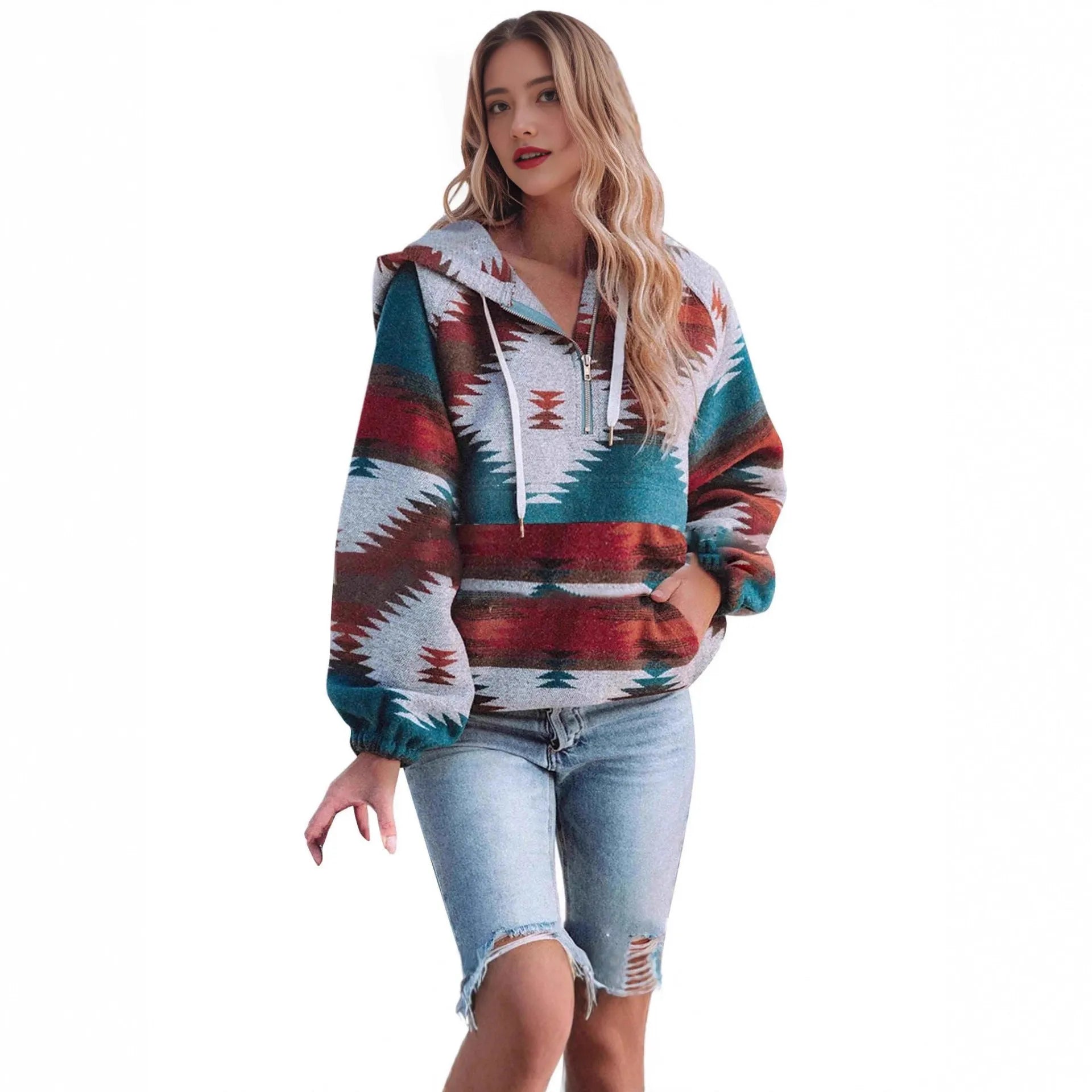 Women's retro fashion half-zip long sleeve sweatshirt with 3D digital print, loose fit pullover in polyester, front view