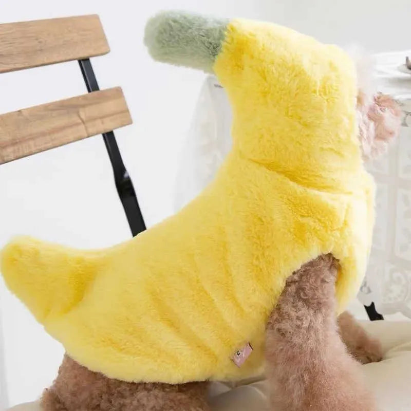 Yellow funny banana dog costume made from polyester for autumn and winter pet clothing, available in sizes S M L XL