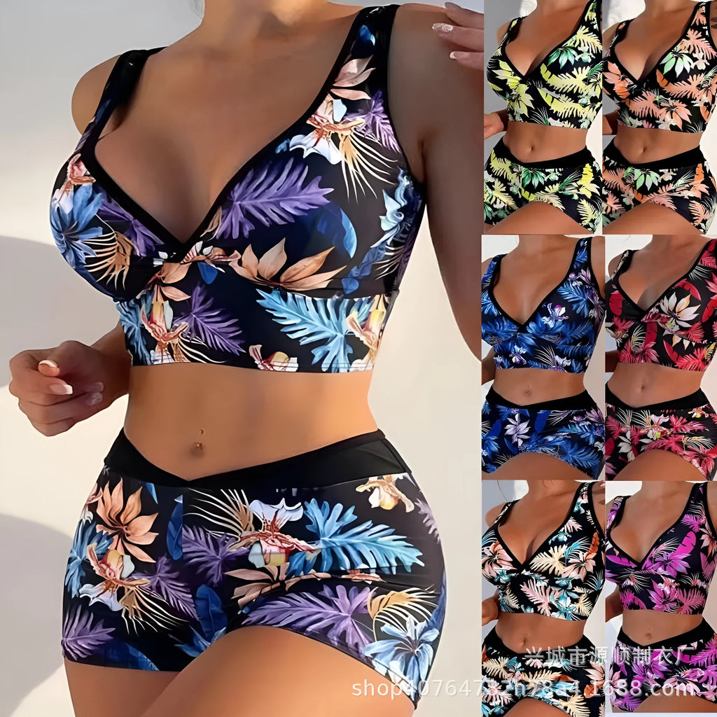 Women's two-piece swimsuit with printed boxer brief bottom and sleeveless top in multiple colour options