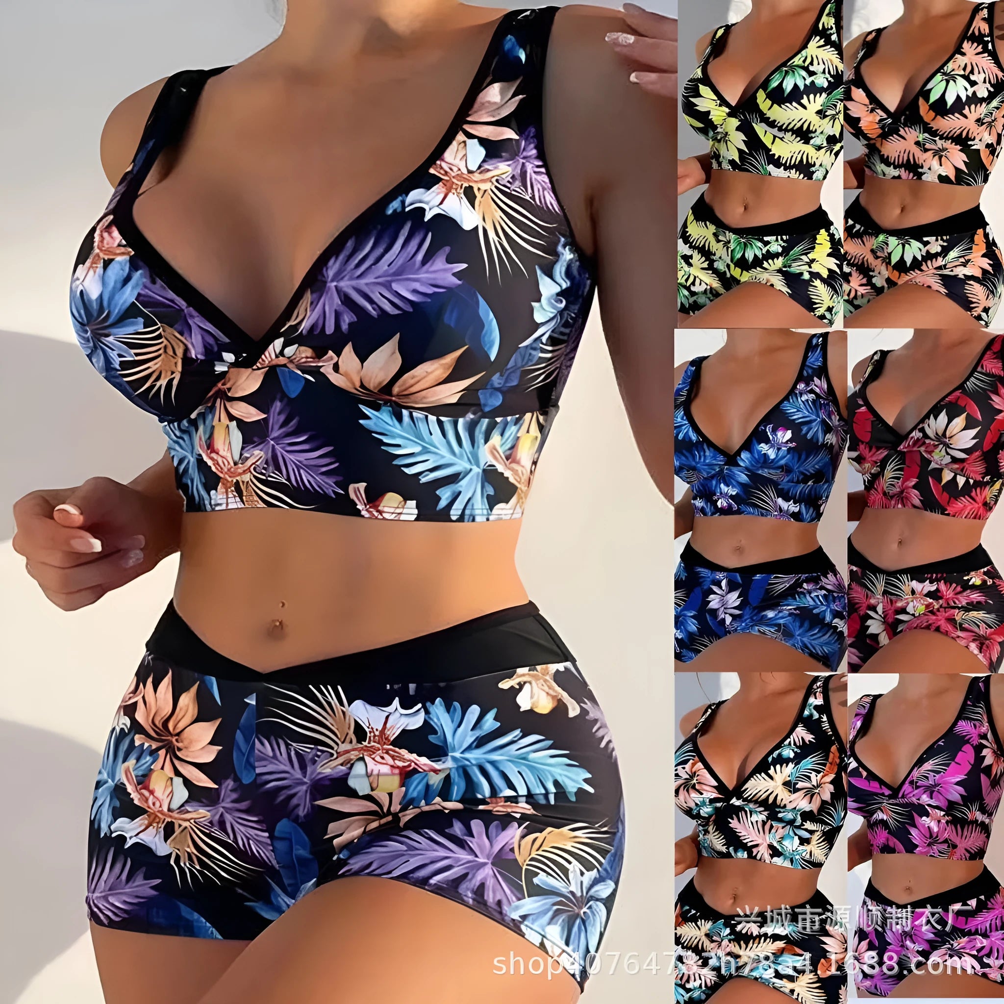 Women's two-piece swimsuit with printed boxer brief bottom and sleeveless top in multiple colour options