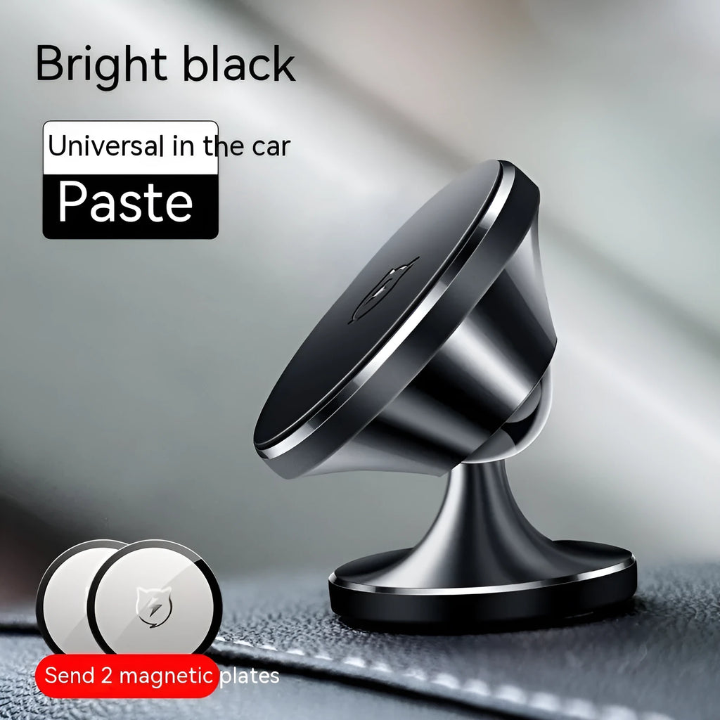Shiny black magnetic car phone holder with adhesive base mounted on a car dashboard.