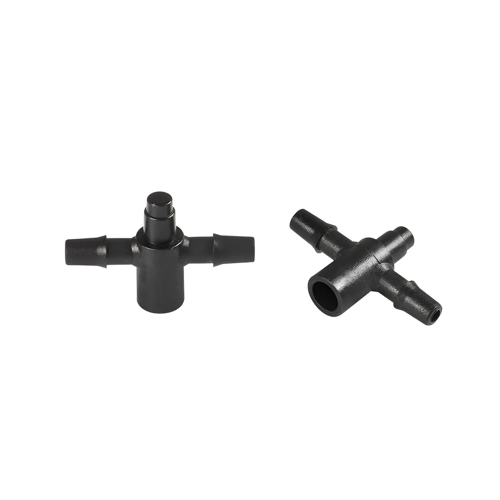 PE plastic tee water distributor connector for micro-spray irrigation systems.