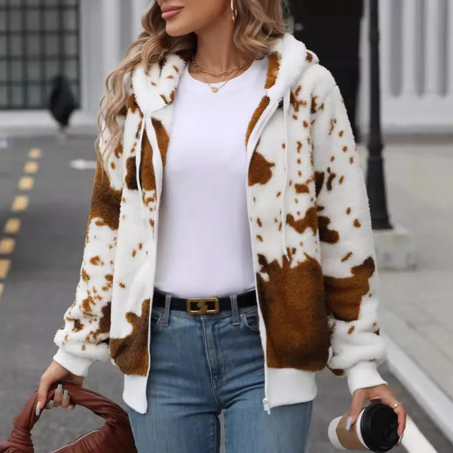 Yellow brown cow animal print hooded cardigan jacket with front zipper and regular sleeves