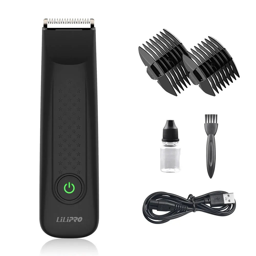 Black rechargeable men's body hair shaver with ceramic blade, waterproof body, USB cable, and limit comb.