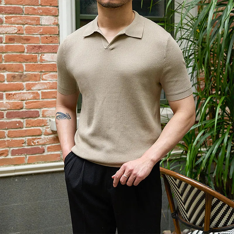 Men's casual knitwear top in 100% lyocell fibre with ribbed hemline, available in smoky gray, green, and white.