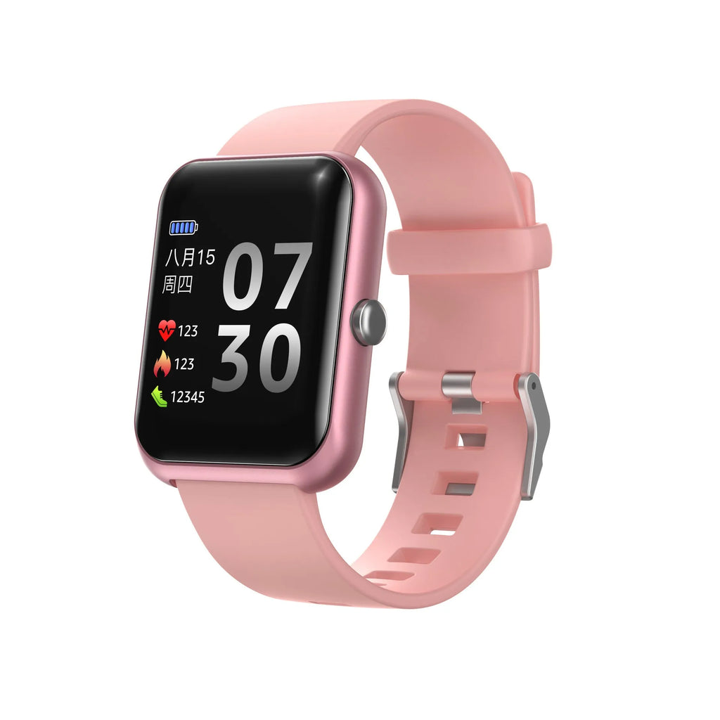 Square black Bluetooth smart watch with silicone strap on a wrist.
