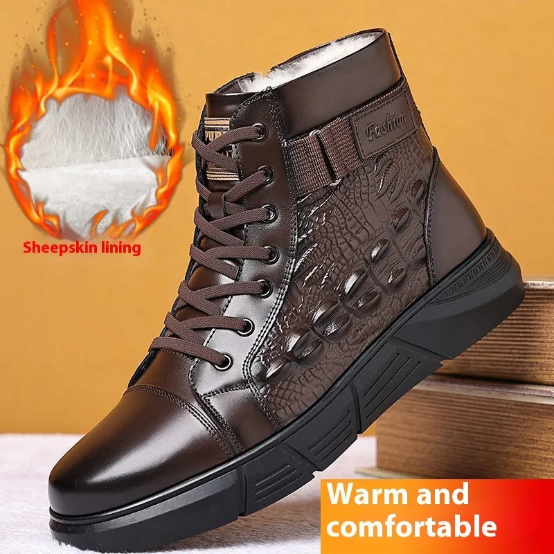 Black genuine leather snow boots with fur lining and non-slip rubber soles, front lace-up closure