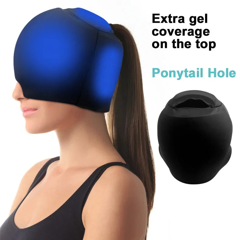 Solid colour cold compress cap in black, fully enclosed design for headache relief.