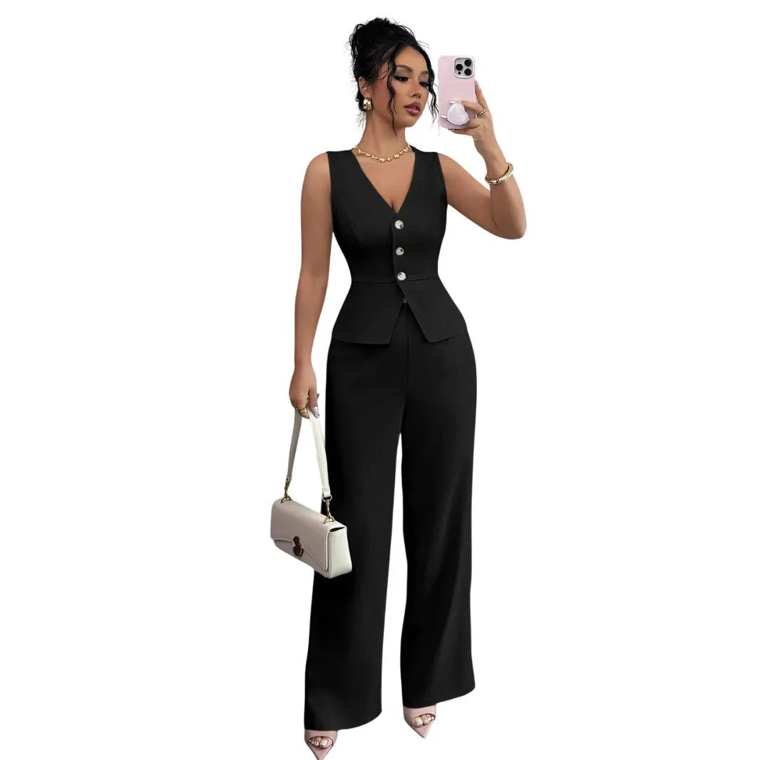 Women's sleeveless vest and high-waist trouser two-piece set in solid colour polyester fabric
