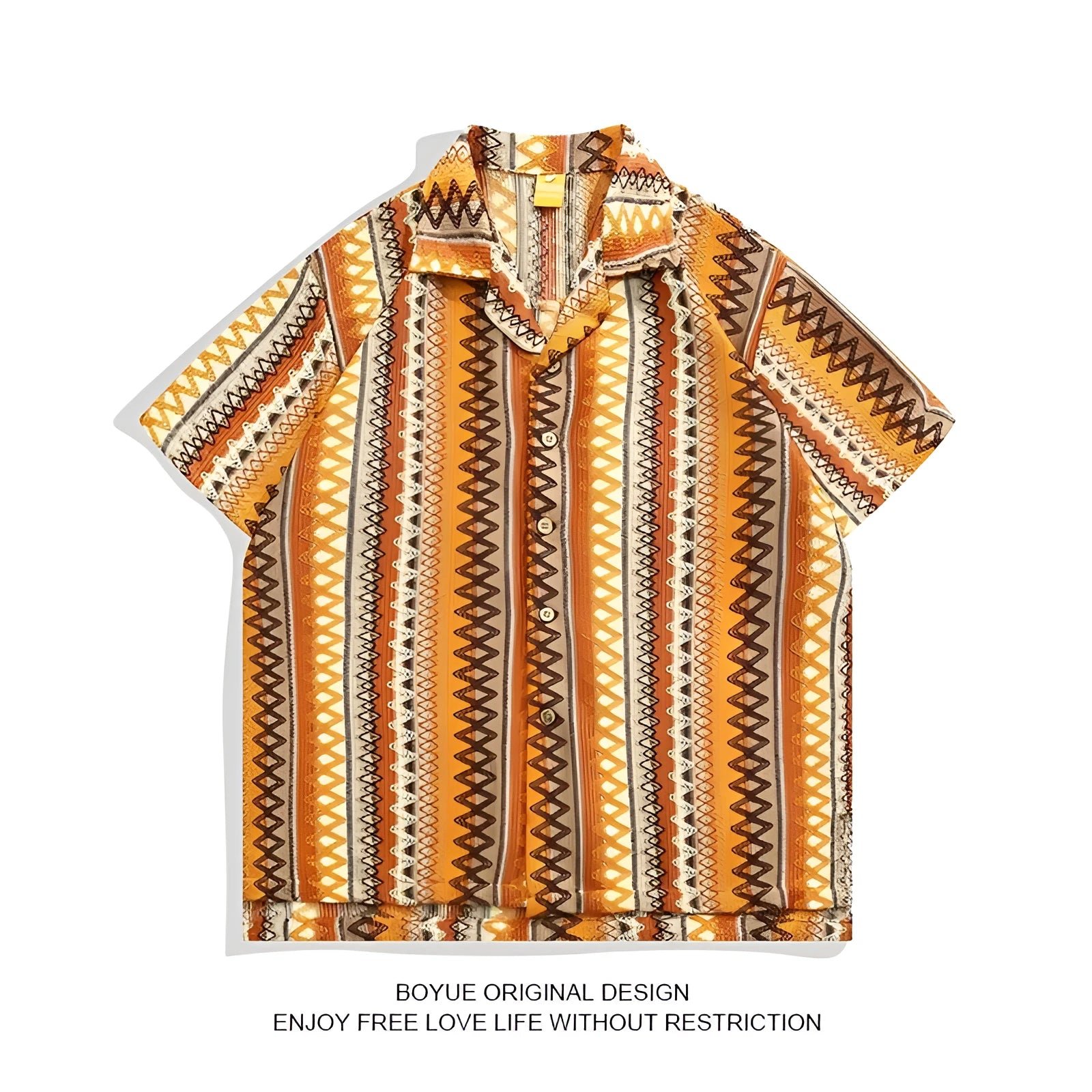 Man wearing a loose-fit ethnic style woven shirt with a Cuban collar and contrast colours.