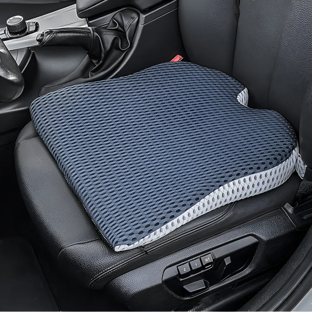 Memory foam seat cushion with fixed strap in regular size on car seat