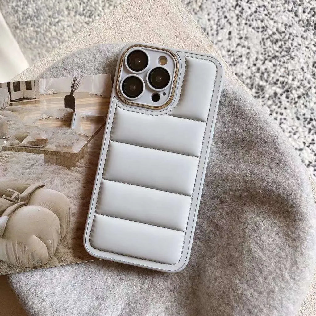Cotton filled down jacket phone case for Apple iPhone with fall prevention and imitation leather finish in black colour