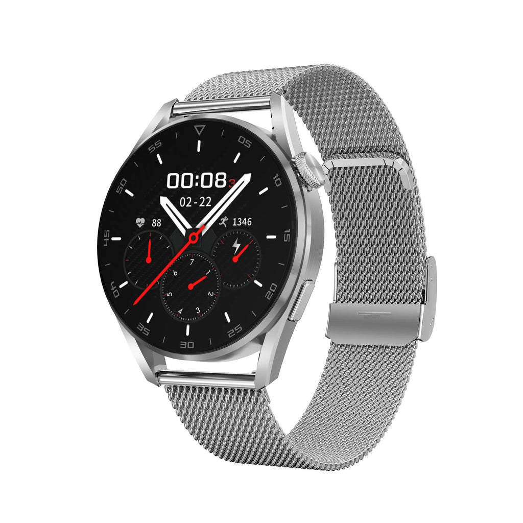 Bluetooth smartwatch with metal wristband and 1.3-inch touchscreen display showing interface