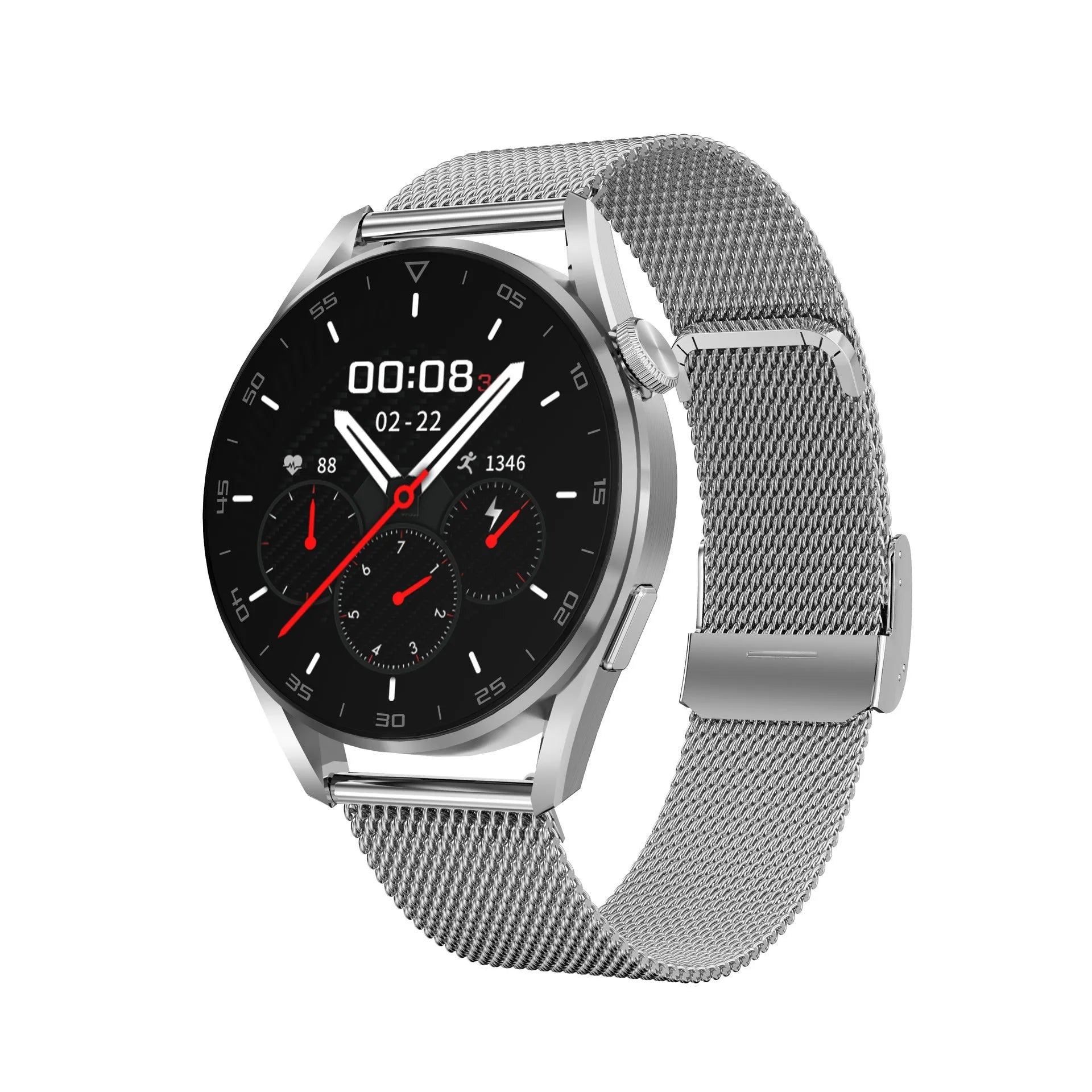 Bluetooth smartwatch with metal wristband and 1.3-inch touchscreen display showing interface
