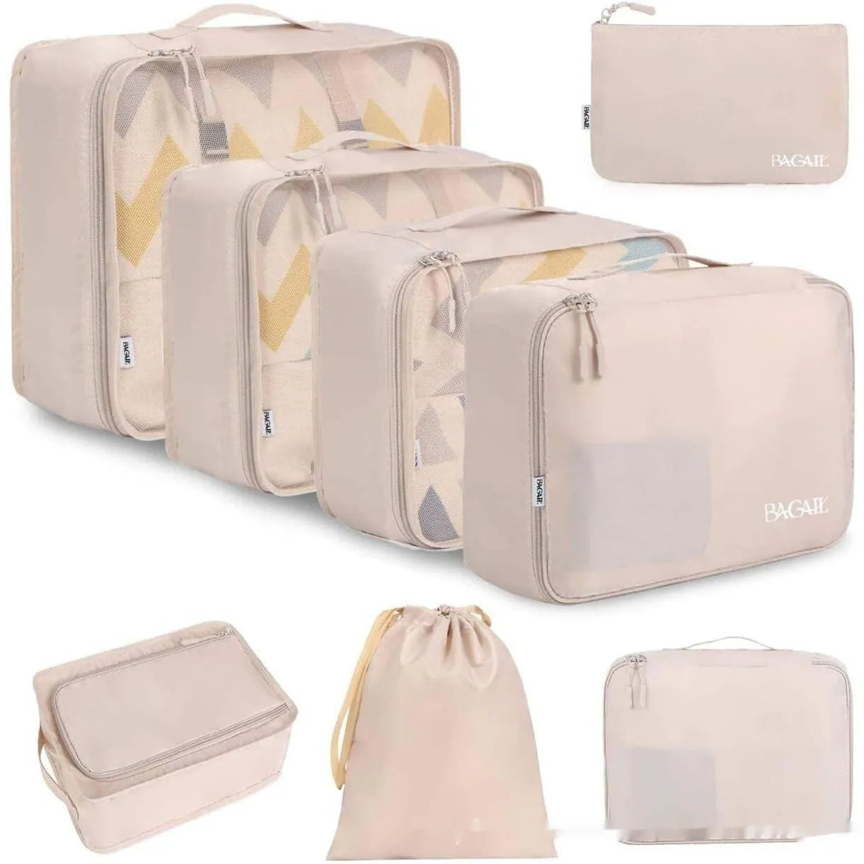Set of eight cubic packing cubes for travel organisation in various colours including beige, black, and pink leopard print.
