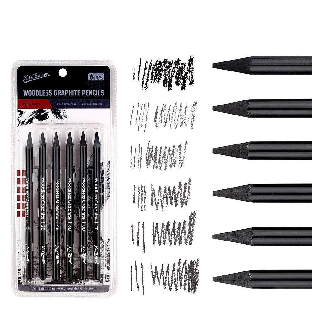 Set of six wood-free graphite sketching pencils with HB, 2B, 4B, 6B, 8B, and EE hardness grades
