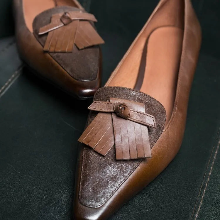 Cowhide retro women's flat loafers with pointed toe and tassel in black, light brown or wine red