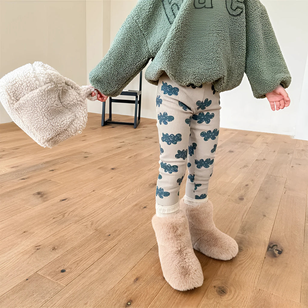 Girls winter leggings in khaki or blue, fleece-lined cotton, high waist, sizes 80cm to 130cm