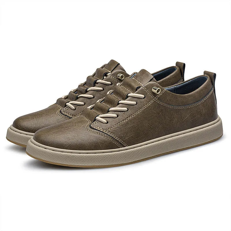 Men's big size cowhide leather board shoes in beige with round toe and low-cut lace-up design