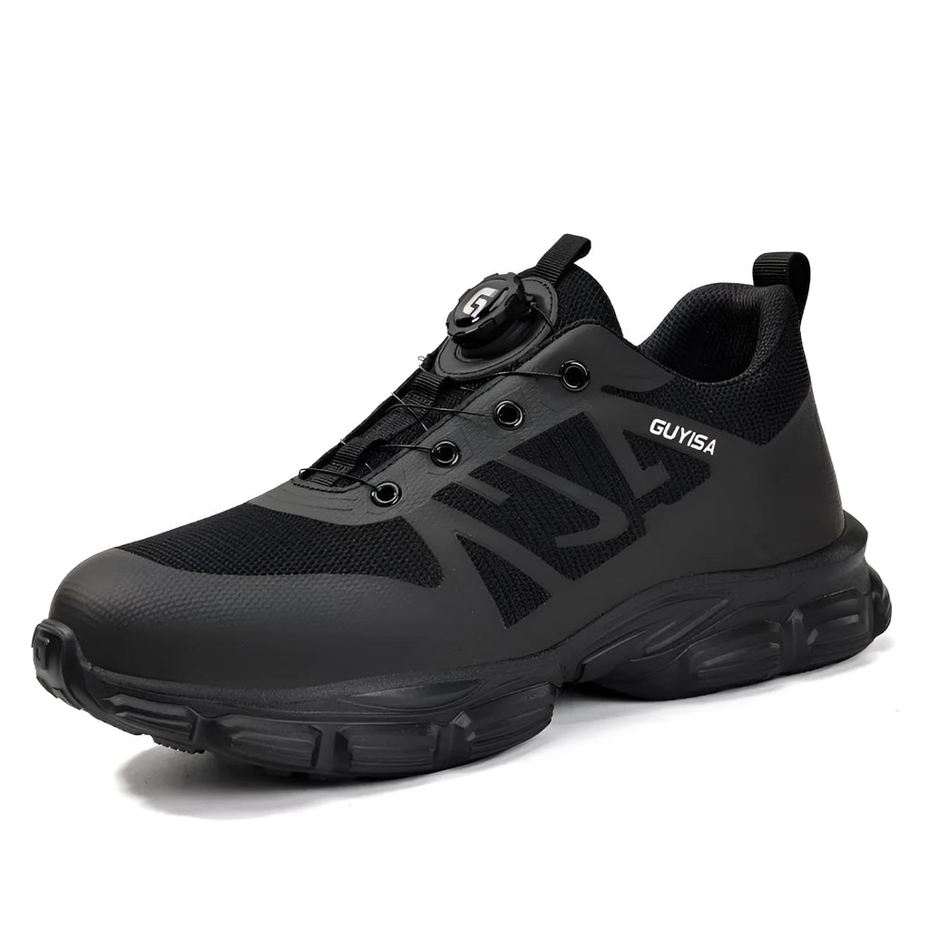 Lightweight black safety shoes with steel toe cap and flyknit fabric upper on a work floor.