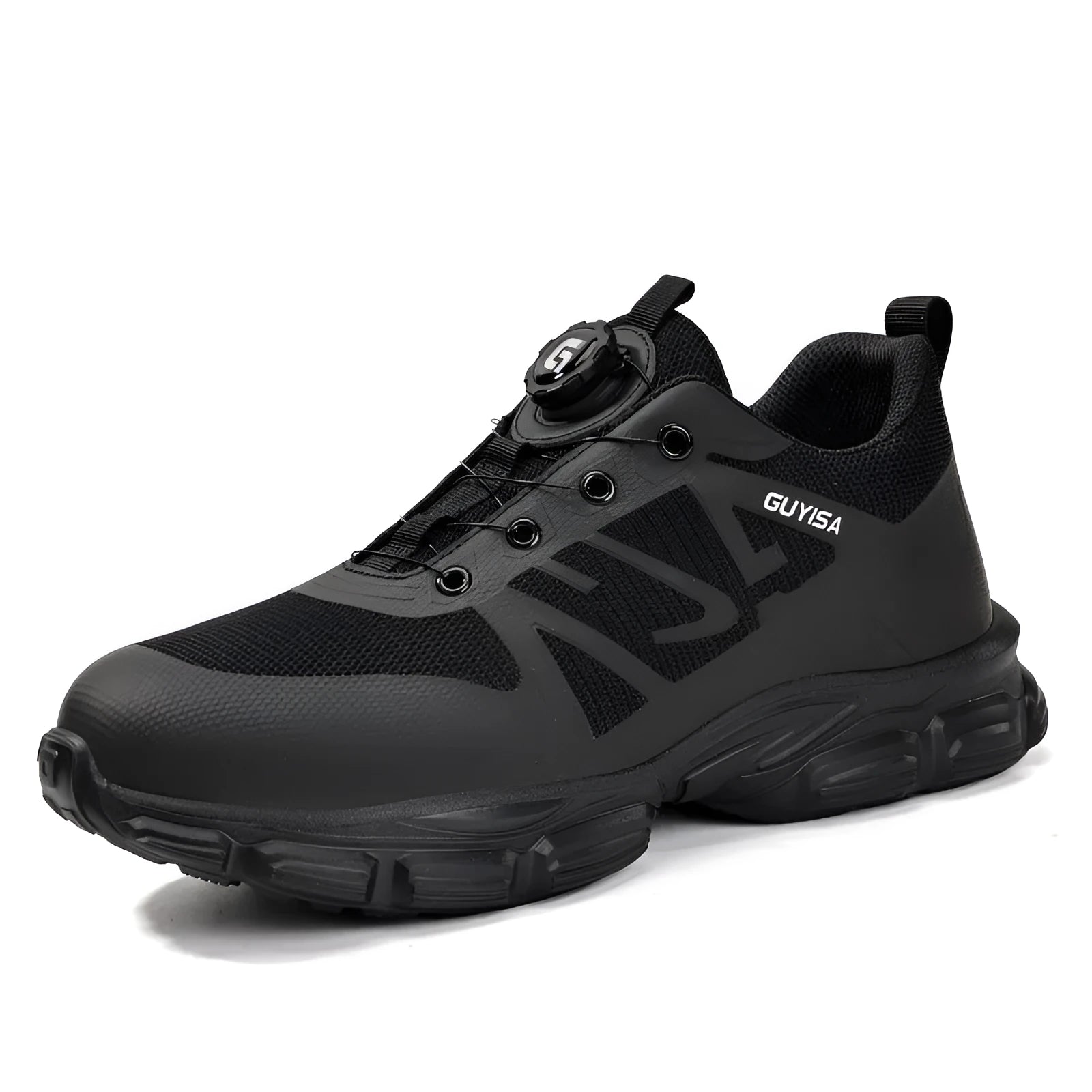 Lightweight black safety shoes with steel toe cap and flyknit fabric upper on a work floor.