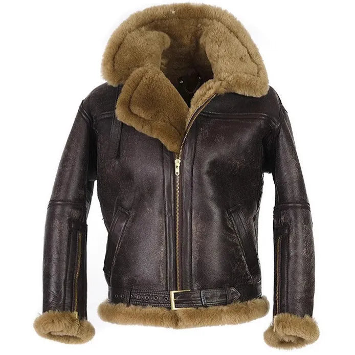 Men's brown synthetic leather fur coat with side pockets on a model